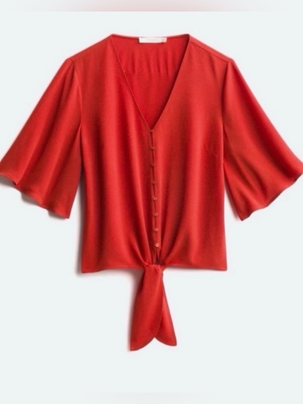 Burnt Orange Tie Front Button-Down Blouse | V-Neck | Short Sleeve | Size Medium